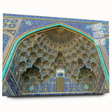 Large abstract wall art depicting a Middle Eastern scenery in vibrant orange and blue tones, acrylic print.