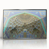 Mid-century modernist art depicting a serene Middle Eastern landscape in soft earth tones, framed acrylic.