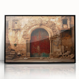 Large abstract wall art depicting a Middle Eastern scenery in muted earth tones, framed in black acrylic.