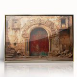 Framed acrylic print depicting a Middle Eastern cityscape in gold and earth tones, ideal for modern art wall decor.