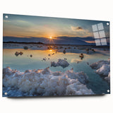 Acrylic print of the Dead Sea in muted blue and beige tones, suitable for bedroom or dining room decor.