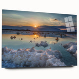Large abstract wall art of the Dead Sea in muted blue and white tones on acrylic glass.