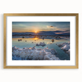 Extra large abstract art print of the Dead Sea in muted blue and gray tones, framed in gold, ideal for living room decor.