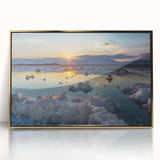 Mid-century modernist art of the Dead Sea in muted gold and blue tones on a framed acrylic.