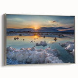 Framed canvas landscape art painting of the Dead Sea in muted blue and black tones, ideal for a modern living room.