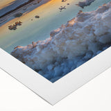 Art deco poster of the Dead Sea in muted blue and beige tones on rolled canvas, suitable for dining room decor.