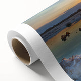 Art deco poster of the Dead Sea in muted blue and beige tones on rolled canvas.