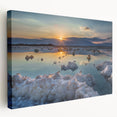 Large stretched canvas featuring a serene view of the Dead Sea with muted blue and beige tones, ideal for kitchen wall art.