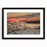 Abstract art print of Jerusalem with textured, colorful palette in black frame, ideal for living room decor.
