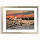 Textured abstract art print of Jerusalem in muted earth tones on a framed silver mat, suitable for bedroom decor.