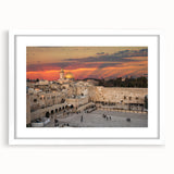 Abstract art print of Jerusalem skyline in muted earth tones on a framed white mat, suitable for dining room decor.