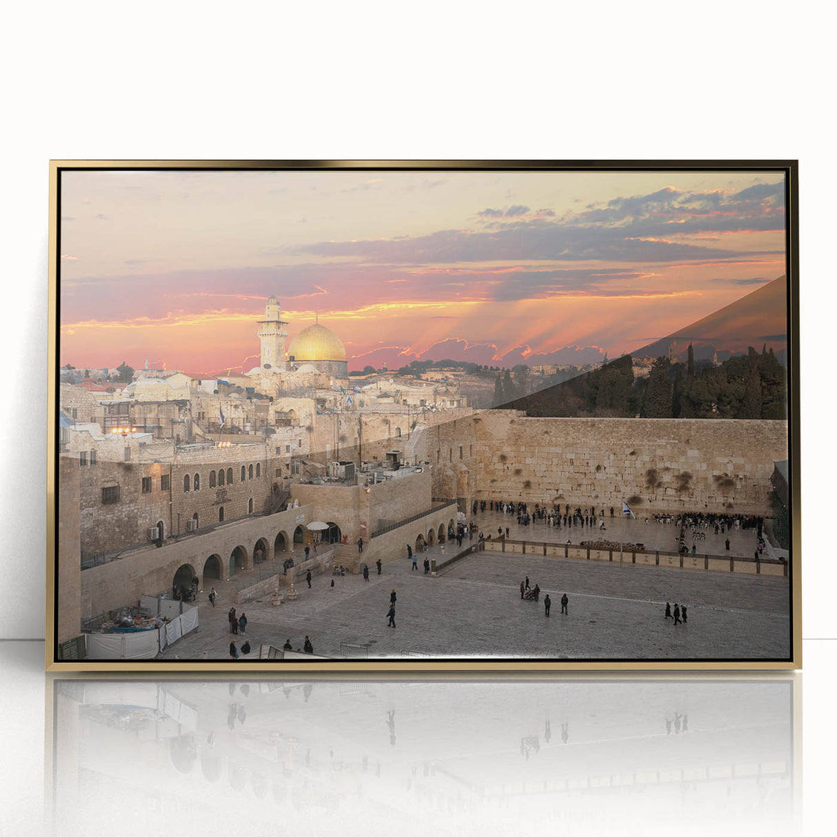 Framed acrylic print of Jerusalem skyline in gold and earth tones, suitable for modern art wall decor.