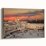 Framed canvas of Jerusalem landscape in vintage poster style, featuring black and gold tones, ideal for bedroom wall art.