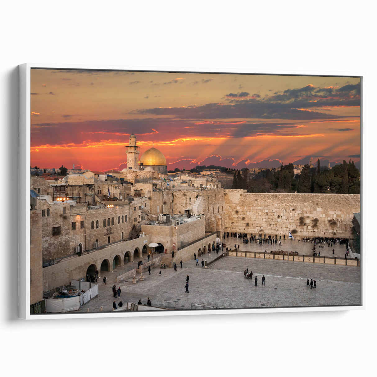 Vintage poster art of Jerusalem in colorful tones on a framed canvas, ideal for living room decor.