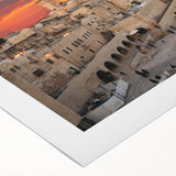 Art deco poster of Jerusalem skyline in muted gold and blue tones on rolled canvas, suitable for dining room decor.