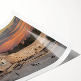 Extra large wall art featuring line art flowers and Jerusalem scenery in muted earth tones on a rolled print.