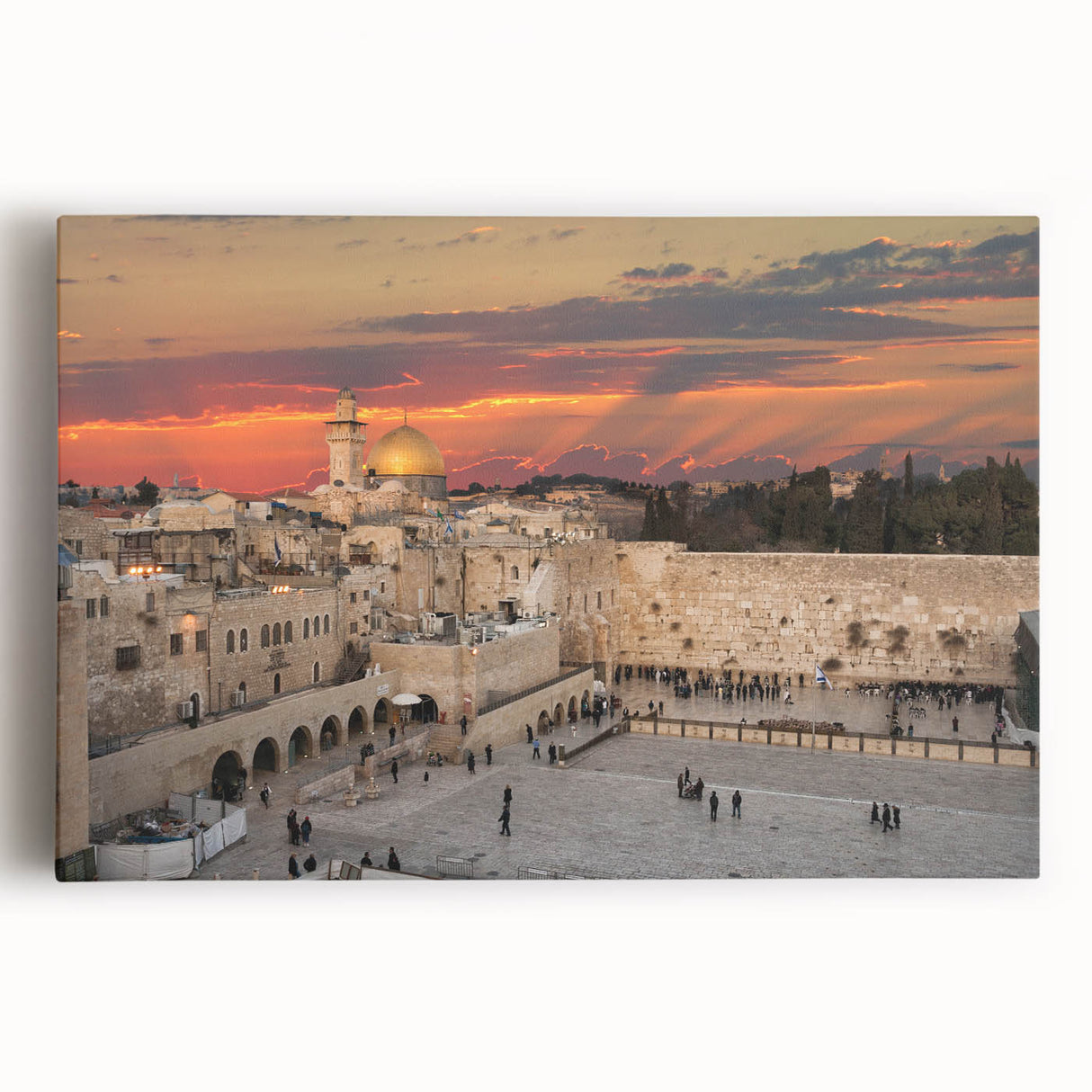 Black and white stretched canvas of Jerusalem skyline, ideal for kitchen art.