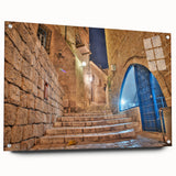 Acrylic print of Tel Aviv skyline in muted blue and grey tones, suitable for bedroom or dining room decor.