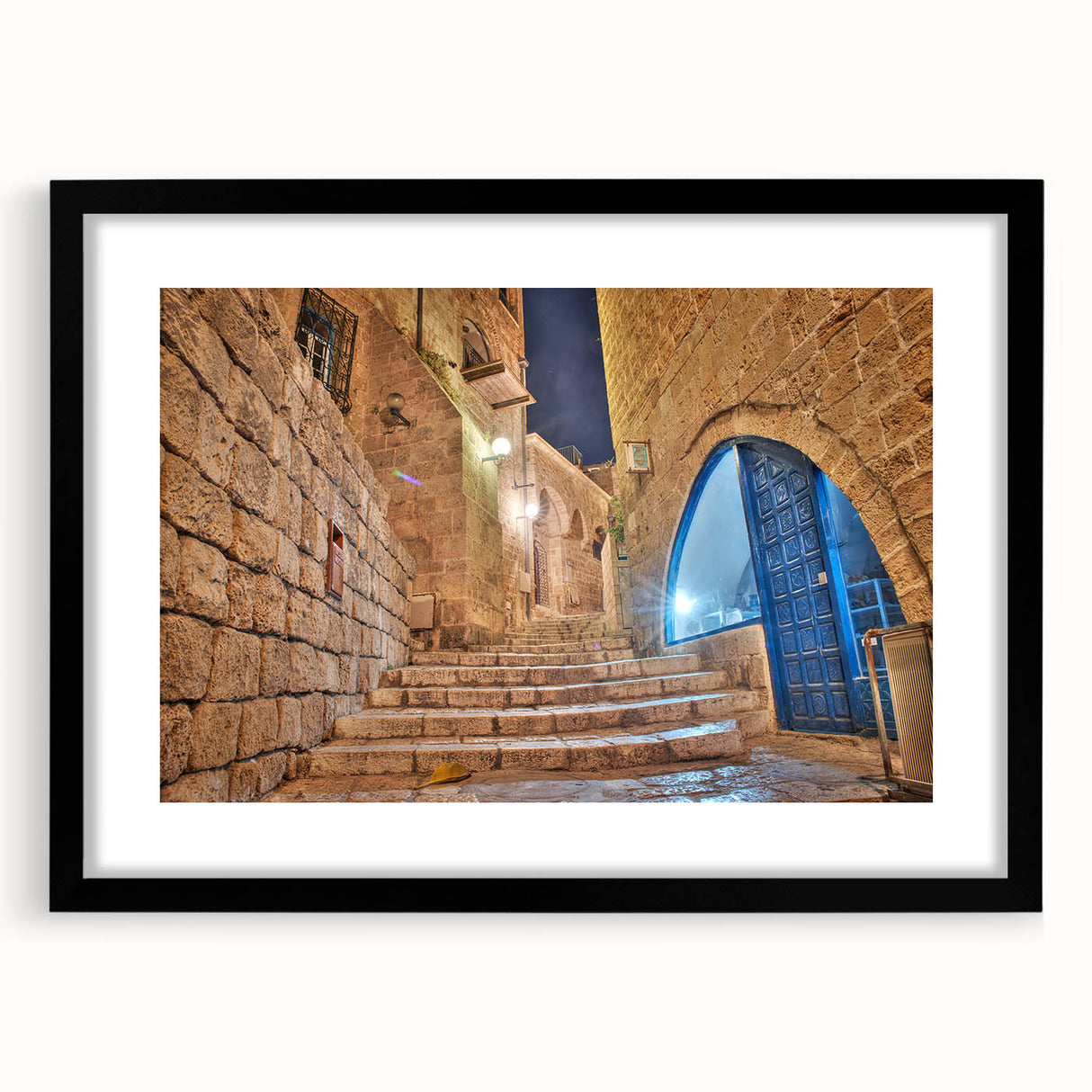 Abstract art print of Tel Aviv with vibrant, colorful textures on a large framed canvas, ideal for living room decor.