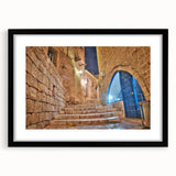 Abstract art print of Tel Aviv with vibrant, colorful textures on a large framed canvas, ideal for living room decor.