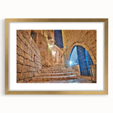 Extra large abstract art print of Tel Aviv scenery in gold frame, featuring textured design with muted earth tones.
