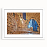 Abstract art print of Tel Aviv skyline in muted earth tones on a framed white mat, ideal for dining room decor.