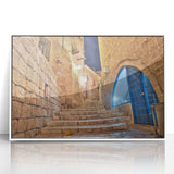 Art deco poster of Tel Aviv skyline in muted gray and blue tones, acrylic print, ideal for modern art wall decor.