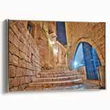 Framed canvas featuring a vintage-style landscape painting of Tel Aviv in muted grays and vibrant colors.