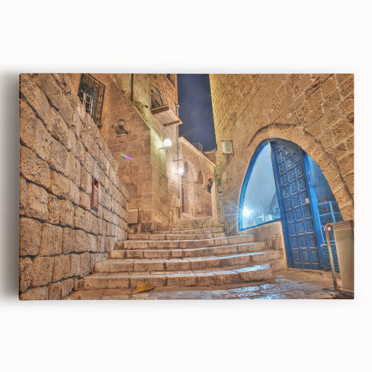 Black and white stretched canvas featuring the Tel Aviv skyline, suitable as large kitchen wall art.