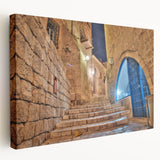Tel Aviv skyline on large stretched canvas in muted earth tones, ideal for kitchen wall art.