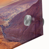 Large abstract wall art featuring a mid-century modernist style Israeli scenery in muted earth tones on acrylic glass.