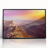 Large abstract wall art depicting a Middle Eastern scenery in muted earth tones on a framed acrylic.