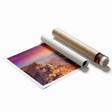 Extra large rolled print of Middle Eastern scenery with floral accents in muted earth tones.