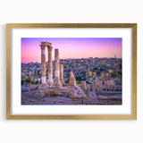 Extra large abstract art print of Middle Eastern scenery in gold frame, featuring textured earth tones.