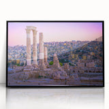 Large abstract wall art depicting a Middle Eastern Jordanian scene in muted earth tones, framed in black acrylic.