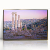 Mid-century modernist art depicting Jordanian scenery in gold and earth tones on a framed acrylic.