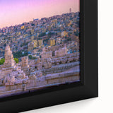 Extra large black wall art featuring a textured, colorful Middle Eastern Jordanian scenery on a framed canvas.