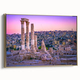 Framed canvas of a Jordanian landscape in muted gold and black tones, ideal for bedroom wall decor.