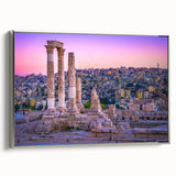 Framed canvas landscape art painting depicting a Middle Eastern scenery in Jordan with vibrant colors and vintage poster…