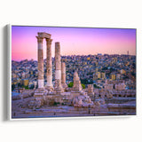 Vintage poster art of a Jordanian landscape on a framed canvas, featuring vibrant colors, ideal for living room decor.