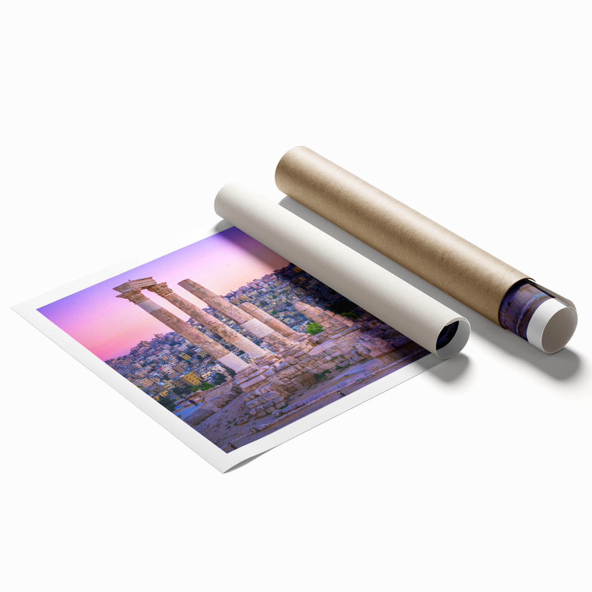 Extra large rolled print featuring a floral scene set in Jordan, with muted earth tones.