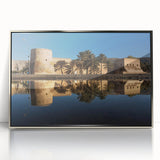 Mid-century modernist art of Oman scenery in muted earth tones, framed acrylic, ideal for nursery wall art.
