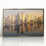Acrylic print of a Qatar scenery in gold tones, framed, reflecting mid-century modernist style.