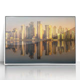 Art deco poster of Qatar scenery in muted gray and blue tones on framed acrylic, ideal for modern art wall decor.