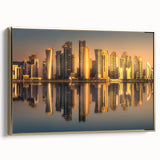 Framed canvas depicting a vintage-style landscape of Qatar with muted gold and black tones, ideal for bedroom wall decor.