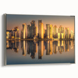 Framed canvas depicting a vintage-style landscape of Qatar in a colorful palette.