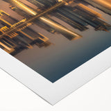 Art deco poster featuring a stylized Qatar skyline in muted gold and blue tones on rolled canvas.