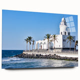 Large abstract wall art depicting a Middle Eastern scenery in muted earth tones on acrylic glass.