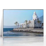 Art deco poster of a Saudi Arabian landscape in muted earth tones on a framed acrylic, suitable for modern art wall decor.