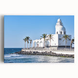 Black and white stretched canvas of Saudi Arabian scenery, ideal for kitchen art.